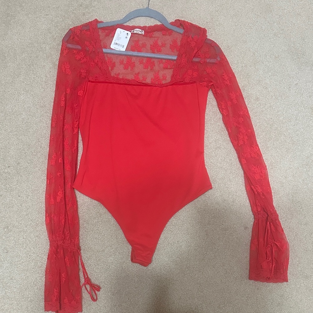 Free People Vibrant Red Lace Bodysuit